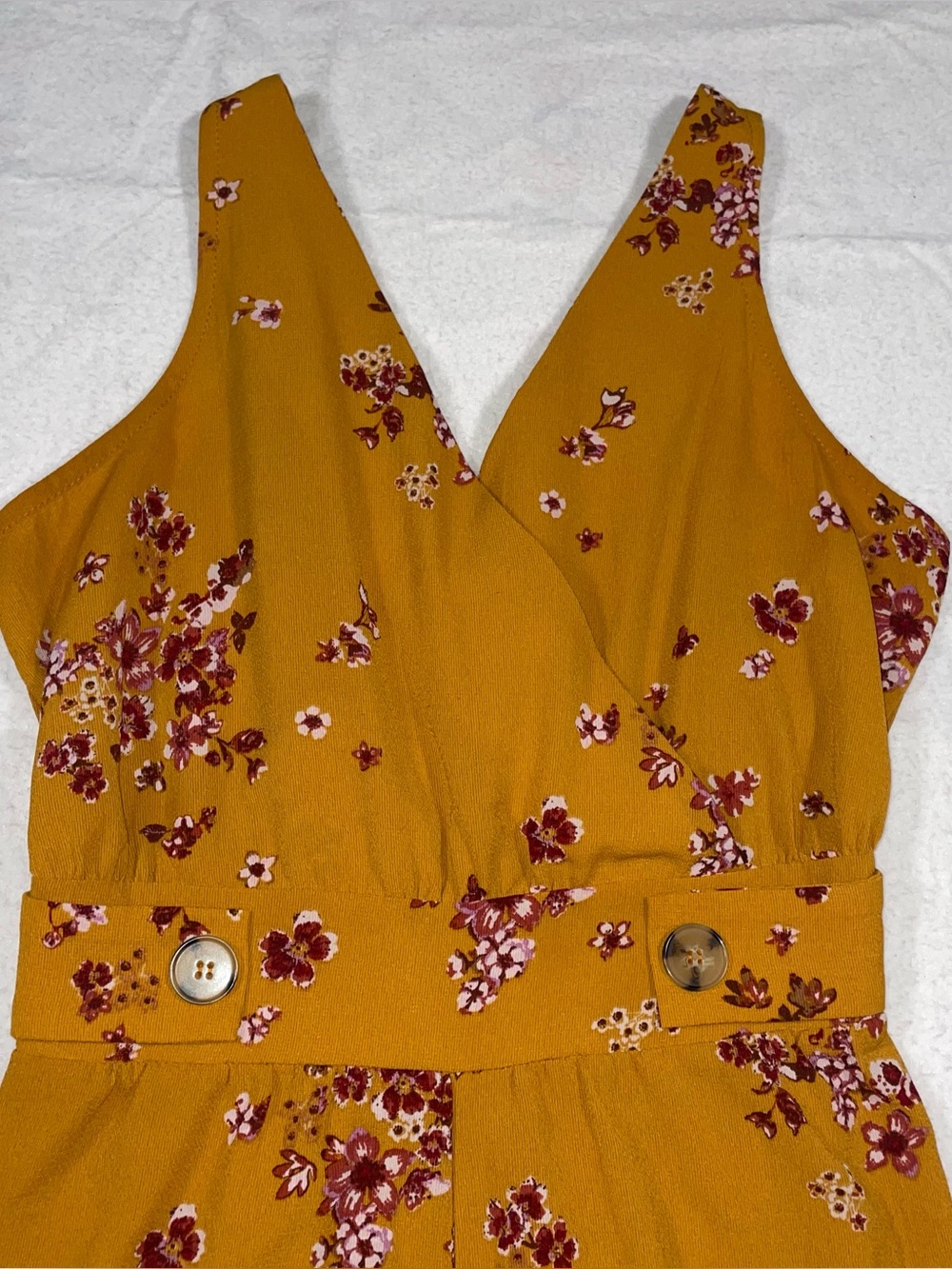Xhilaration S Mustard Yellow Floral Pattern Button V Neck Elastic Waist Jumpsuit - Picture 2 of 5